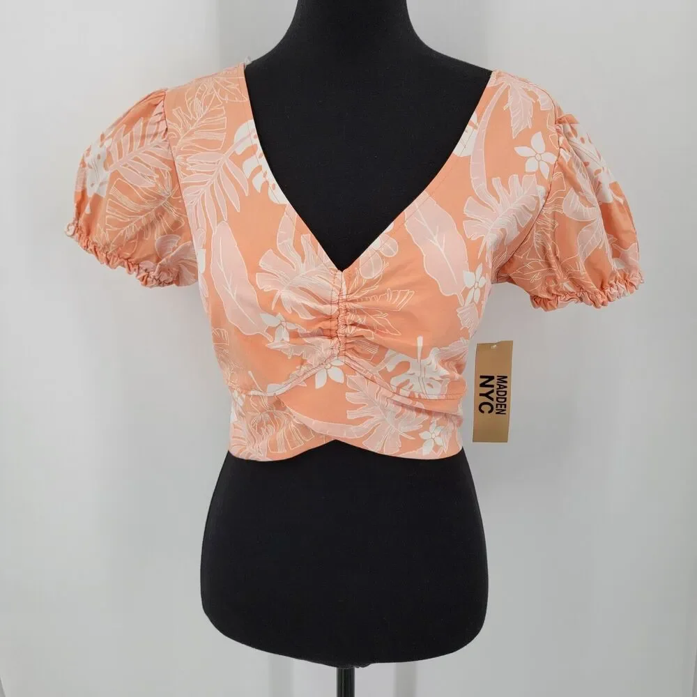 Madden NYC Top Juniors Large Crop Puff Sleeves Tie Back Floral Padded NEW - Picture 1 of 10